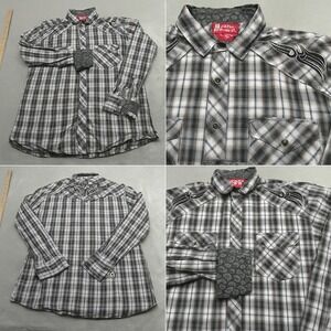Red Ranch Pearl Snap Shirt Men Large Black White Plaid Tribal‎ Flip Cuff VTG